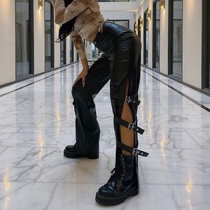 Black Faux Leather Buckle Strap Detail Trousers